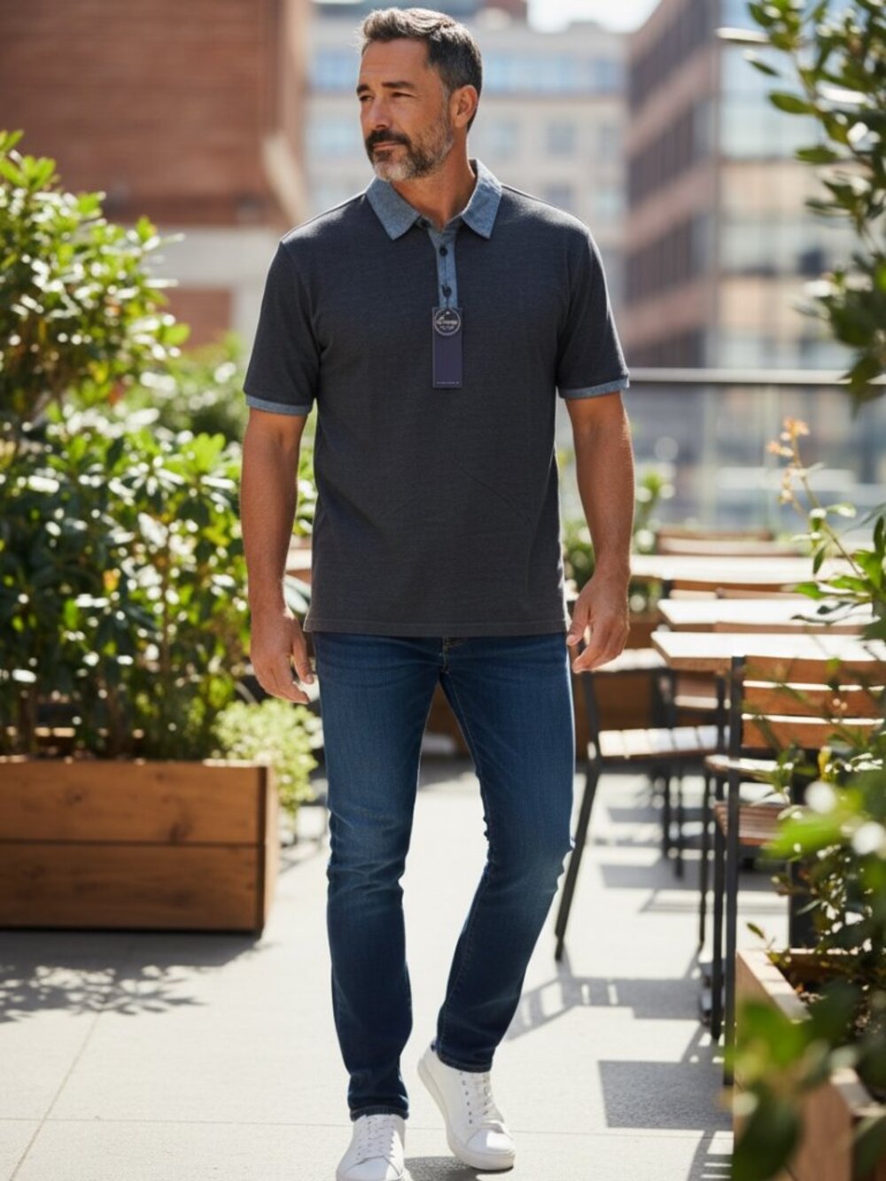 Mens Ricky Singh-Denim & Flower Luxury Touch Polo Shirt (USA-XL) NWT